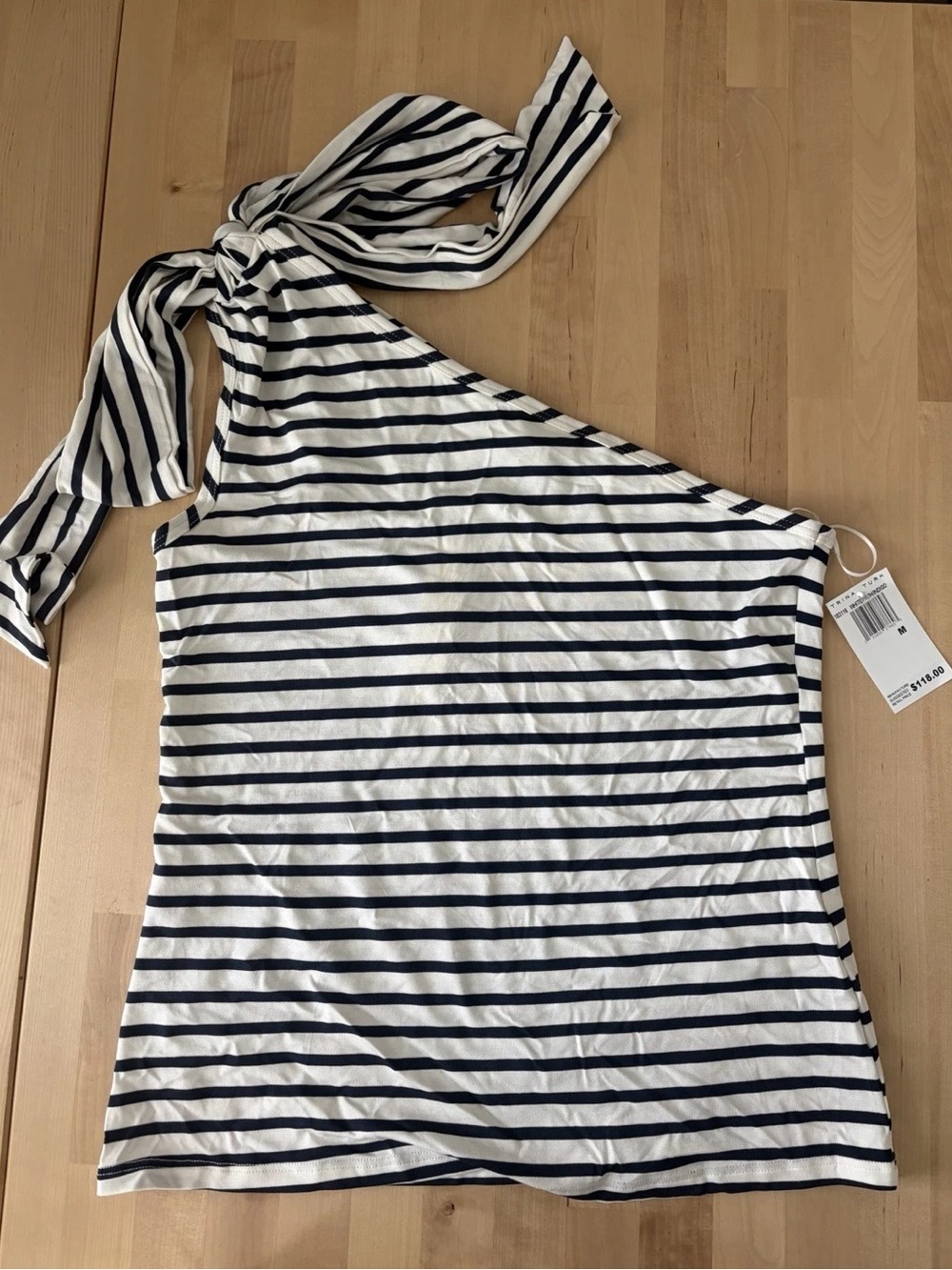 Trina Turk Navy and White One-Shoulder Tie Tank